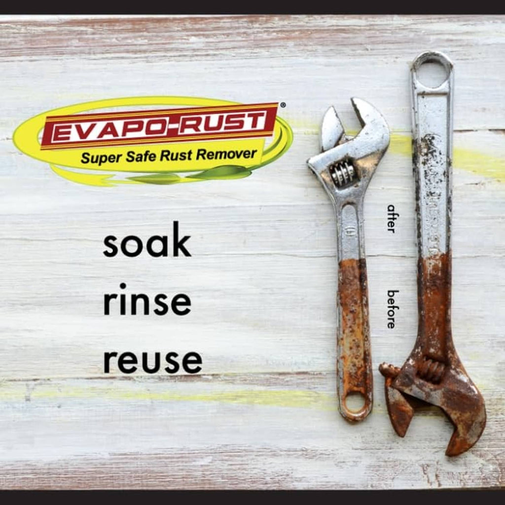 CRC Evapo-Rust rust remover jug with metal wrenches for soak, rinse, reuse