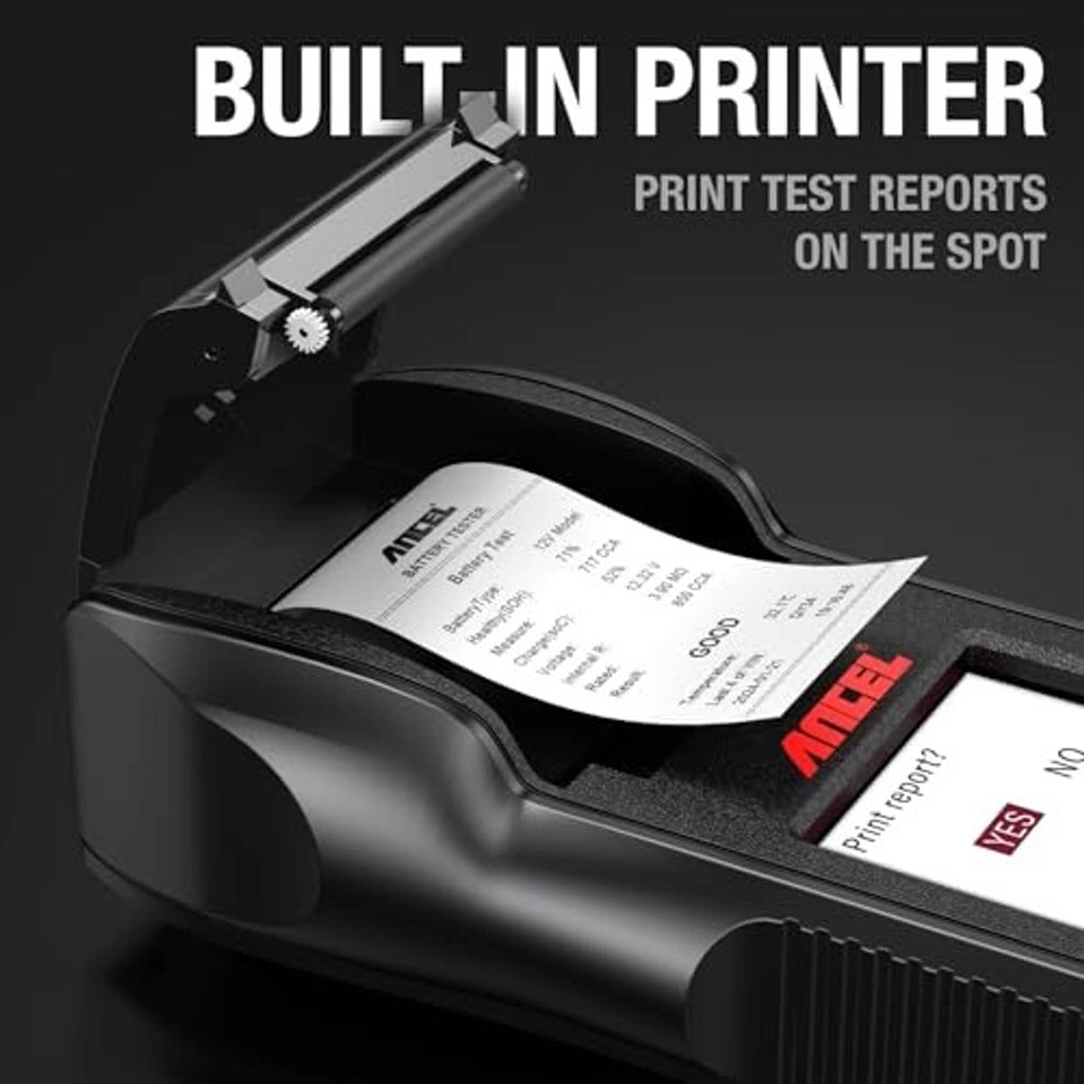 Battery tester with built-in printer outputting a printed test report