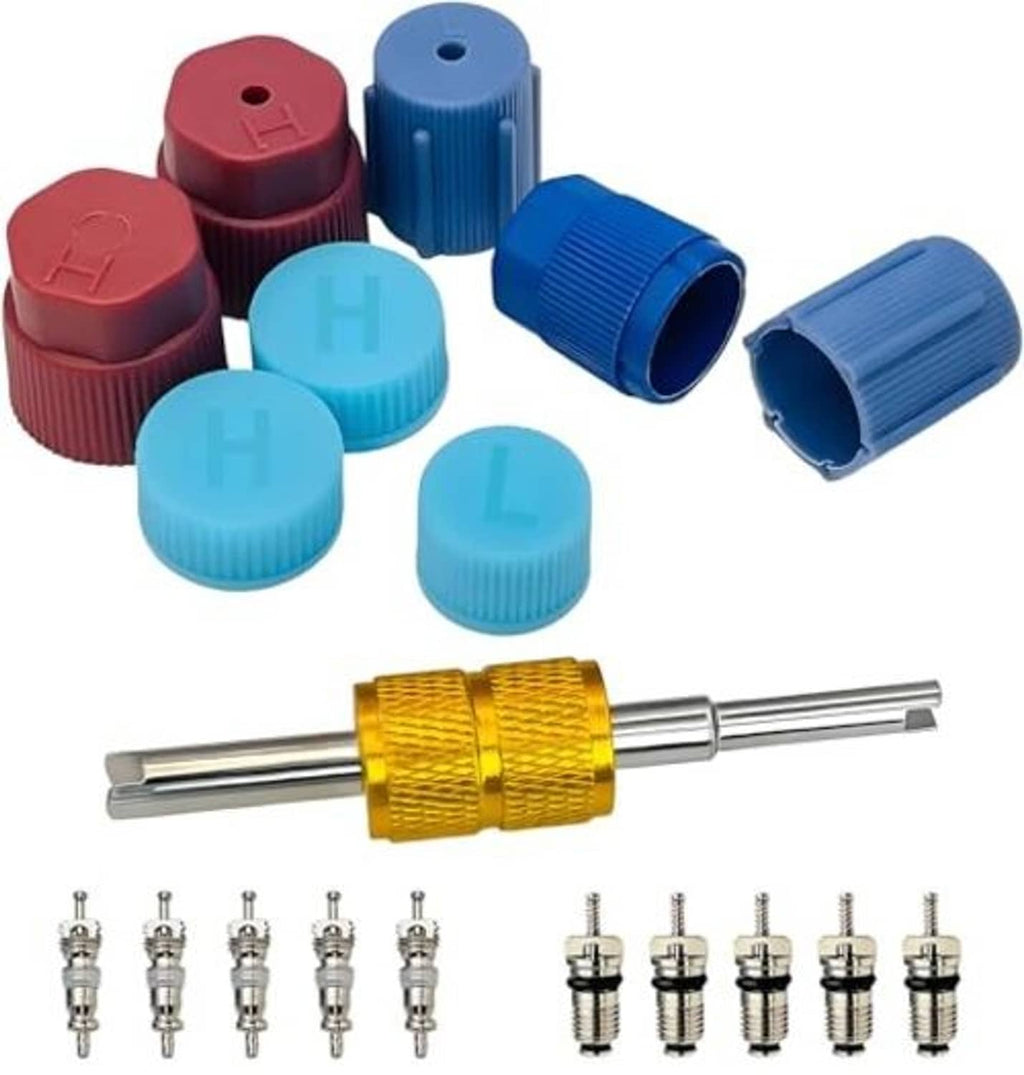 Air conditioning valve core kit with red, blue, and light blue caps plus removal tool