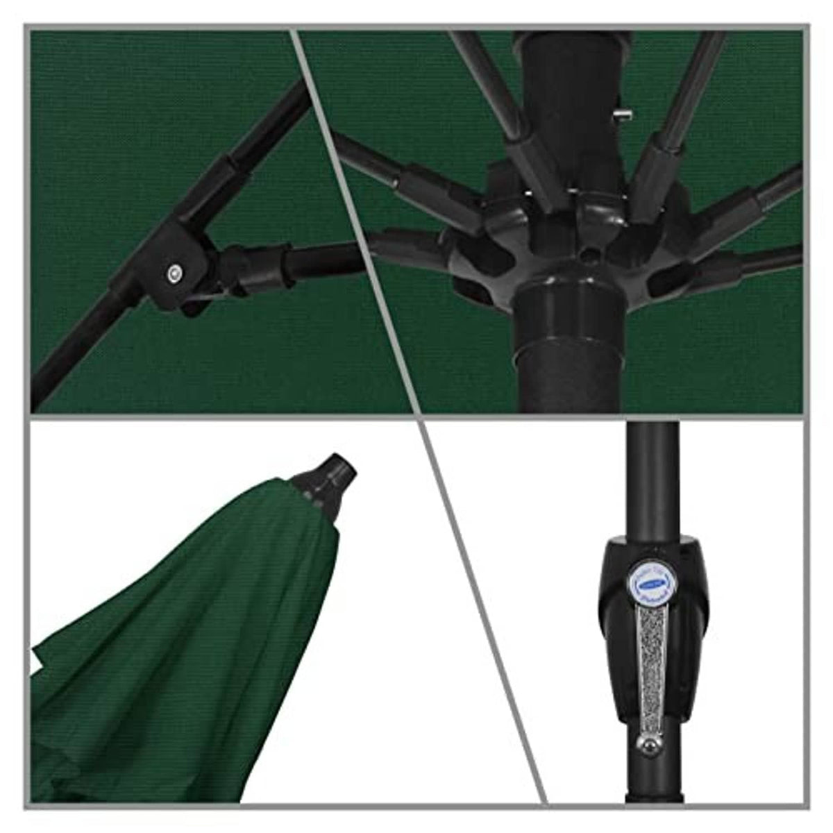 Forest green umbrella canopy fabric with underside ribs and crank lift pole