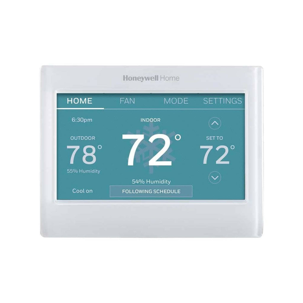 White smart color thermostat with teal touchscreen display showing indoor and set temperatures.