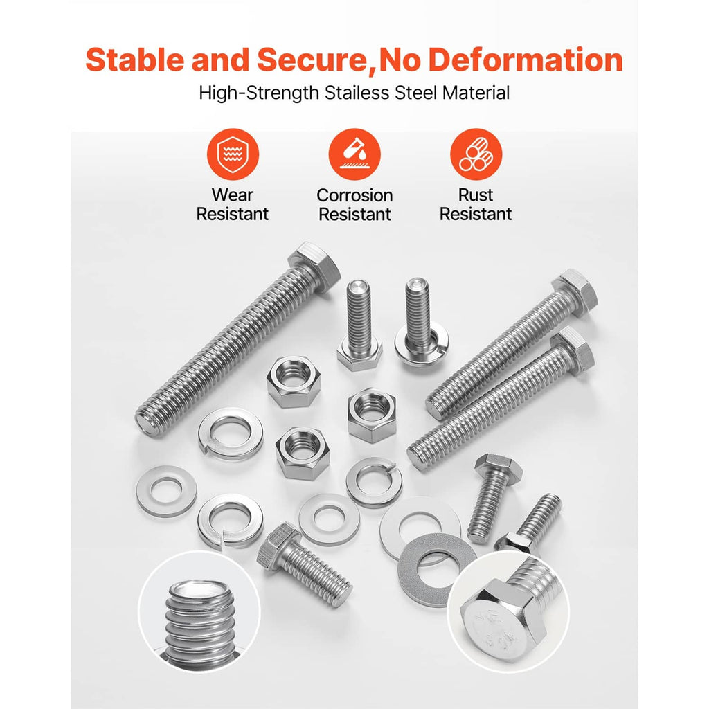 Stainless steel bolts, nuts, and washers assortment laid out in a group