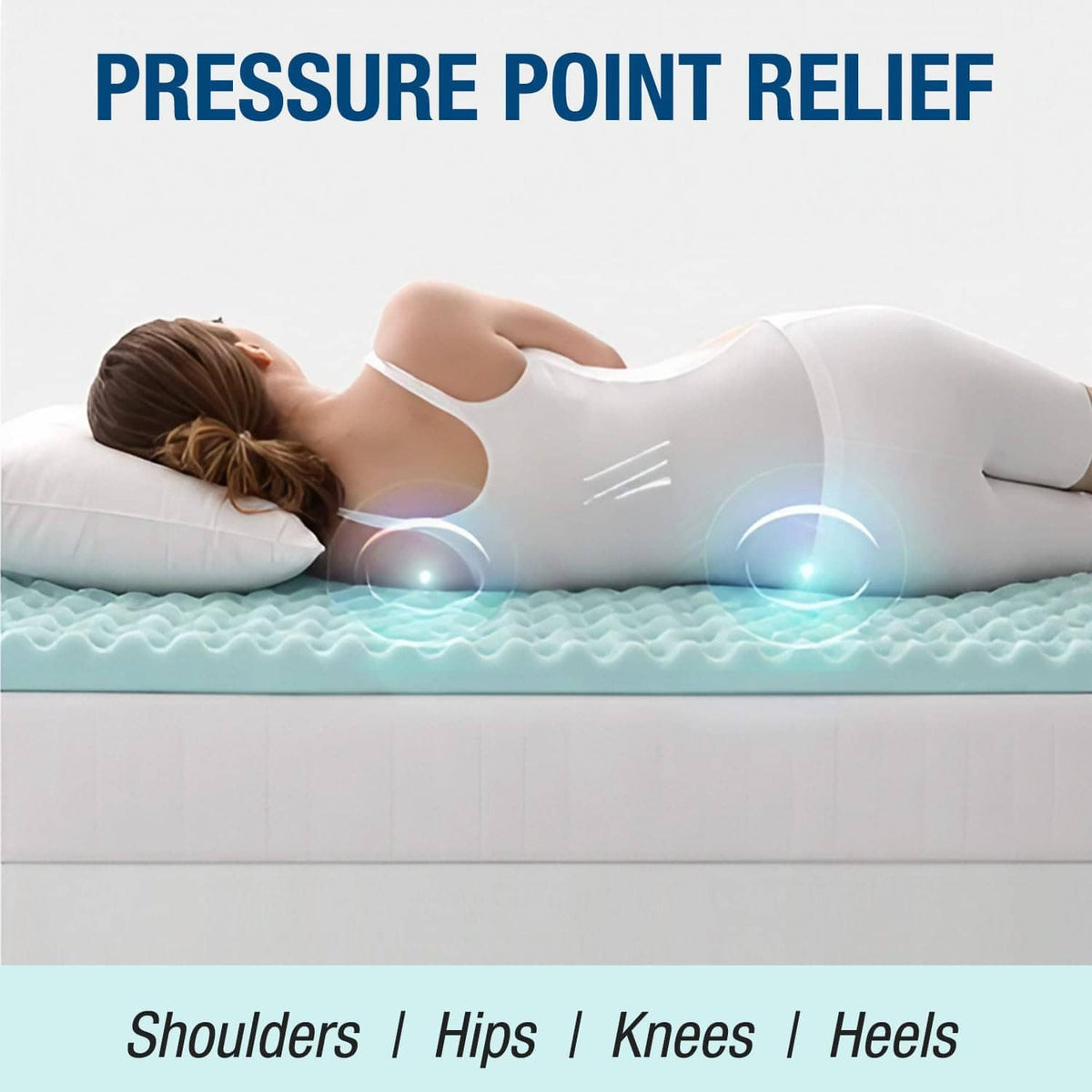Light teal egg-crate foam mattress topper shown under a side-sleeping position.