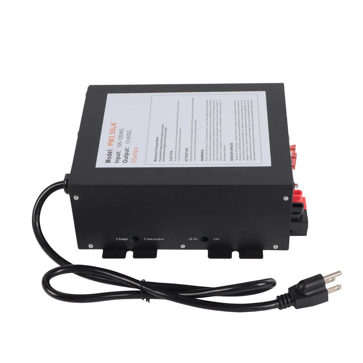 Black RV power converter with instruction label and attached AC power cable