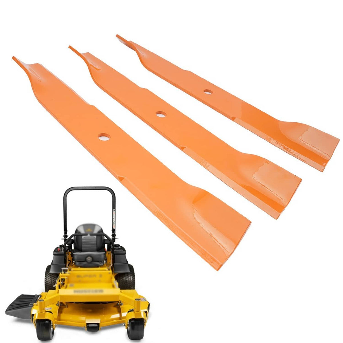 Three orange deck mower blades with curved cutting edges and mounting holes