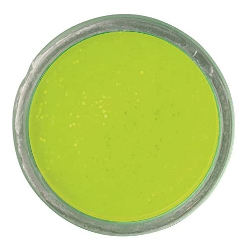 Green moldable floating fishing bait disk in clear round container