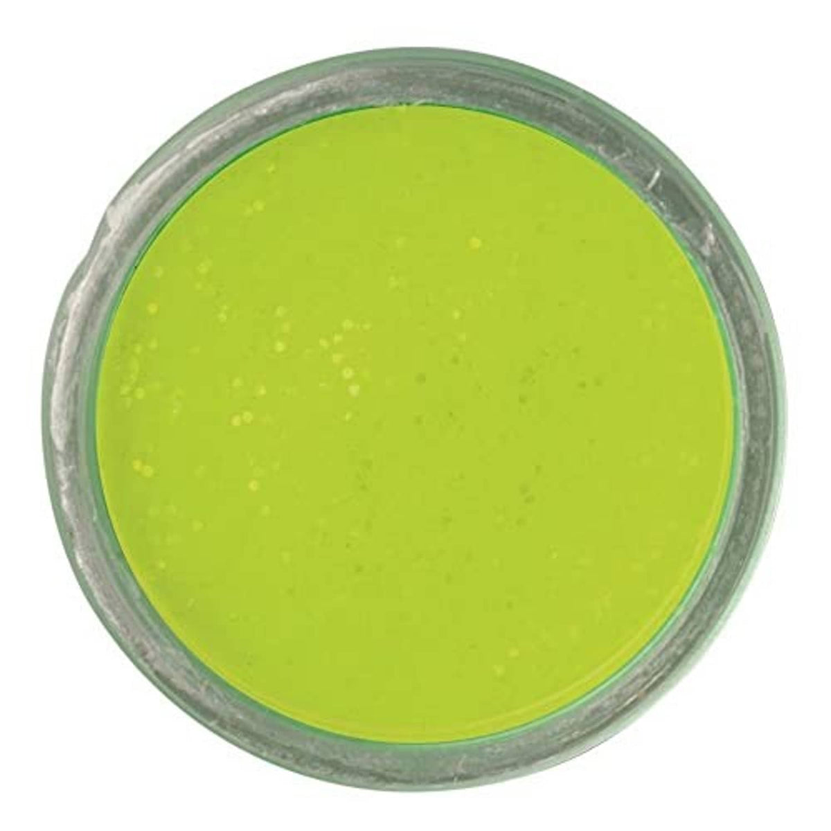 Green moldable floating fishing bait disk in clear round container