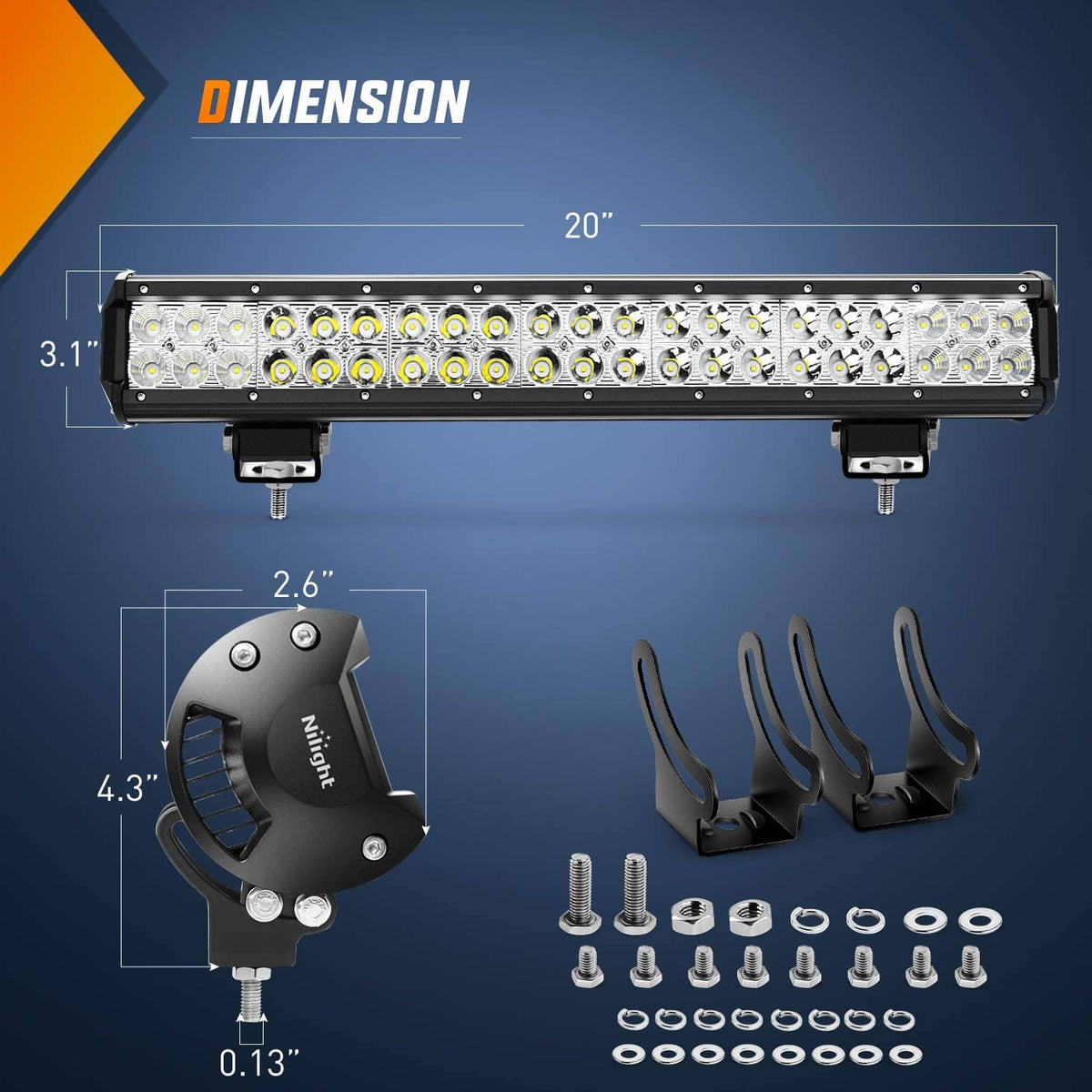 20-inch LED light bar dimensions with mounting accessories and adjustable bracket