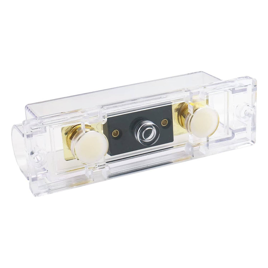 ANL fuse holder with clear casing and two gold posts with white insulators
