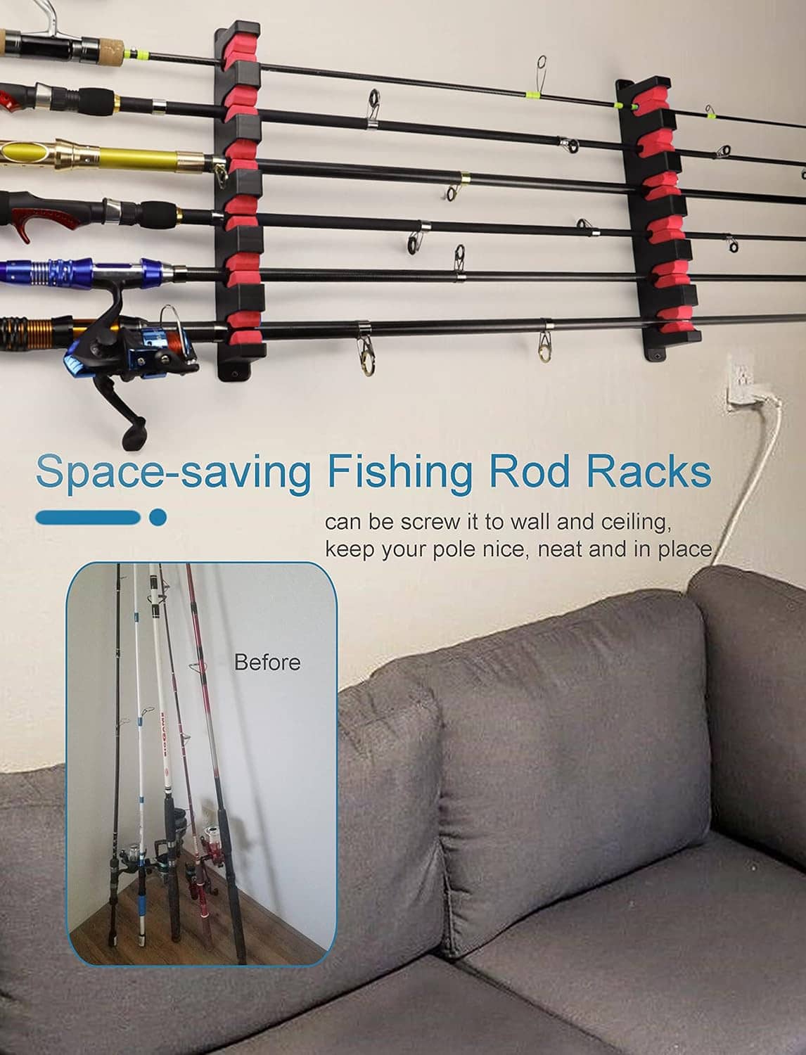 Fishing rod rack holders on wall with multiple rods secured in red foam grips
