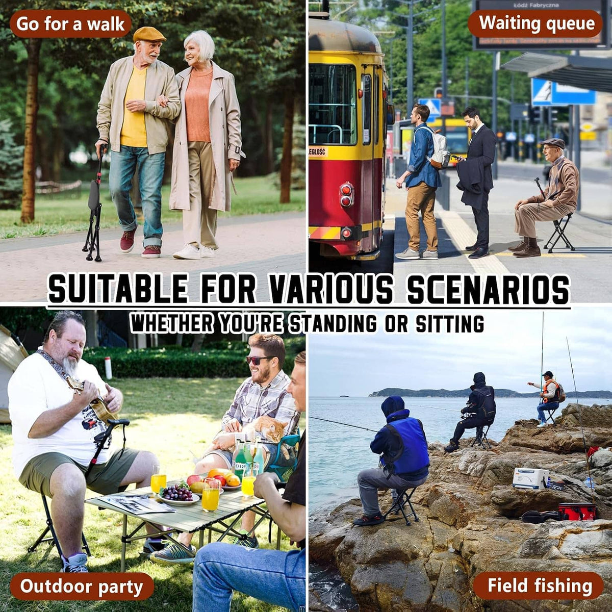 Four-legged cane with seat, black frame and dark grey cushion, red accent strap