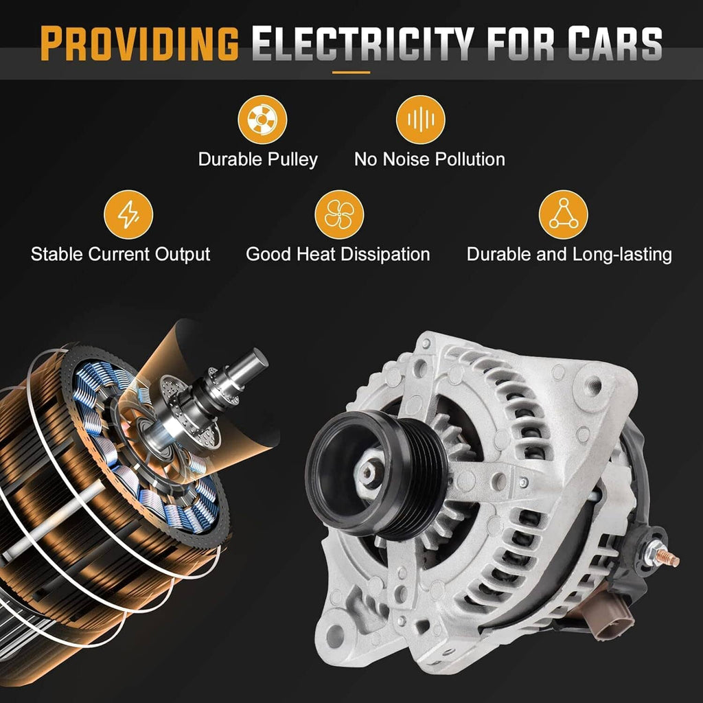 Automotive alternator with front vented housing, ribbed pulley, and side terminal