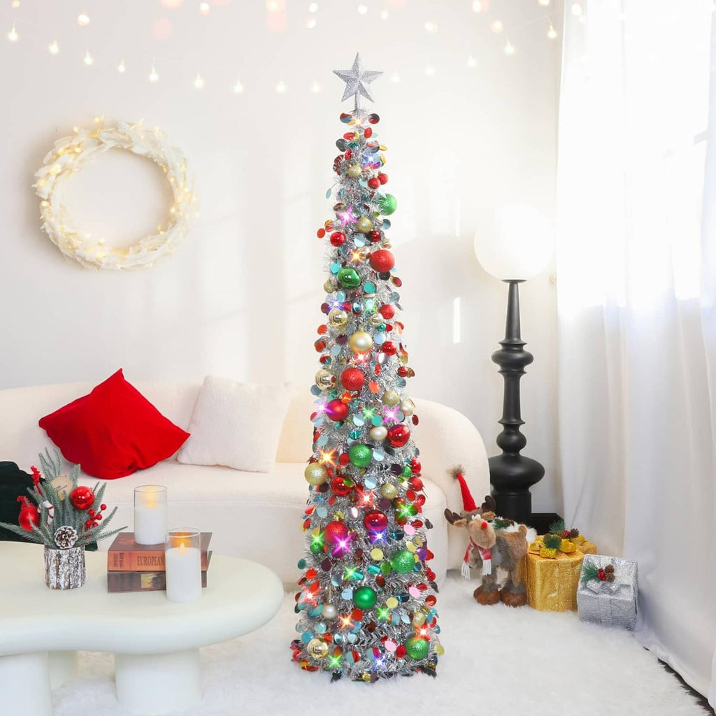5 ft silver-mix tinsel Christmas tree with star topper and multicolor ornament balls