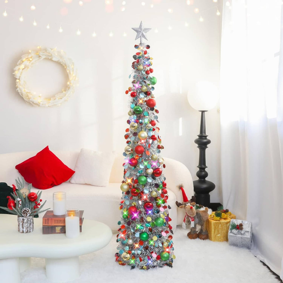 5 ft silver-mix tinsel Christmas tree with star topper and multicolor ornament balls