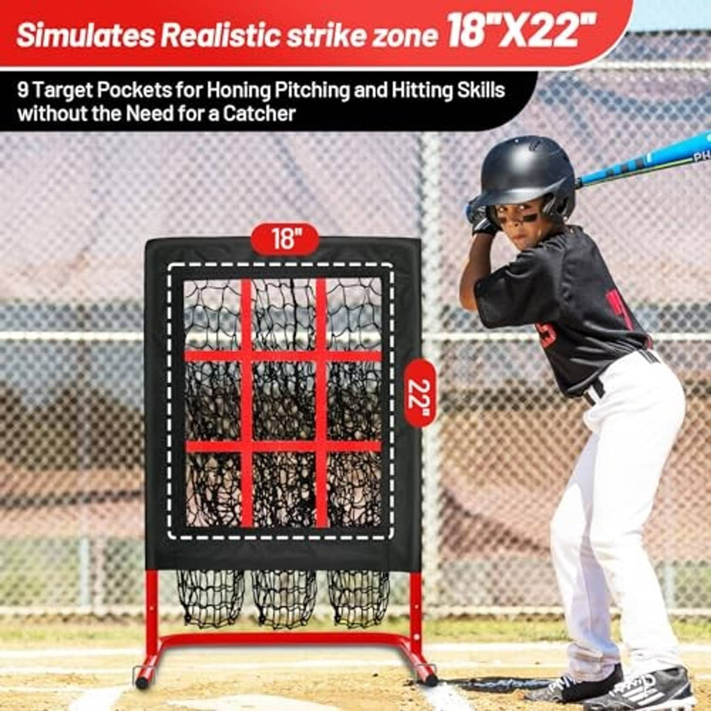 Pitching strike net with red target grid and nine hanging pockets on a portable frame