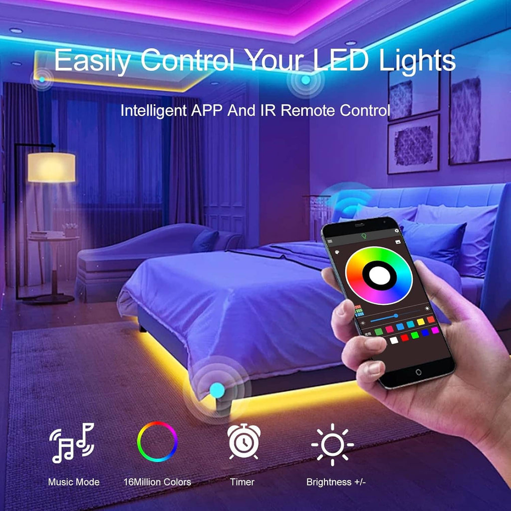 RGB LED strip lights controlled by smartphone remote with multi-color ring
