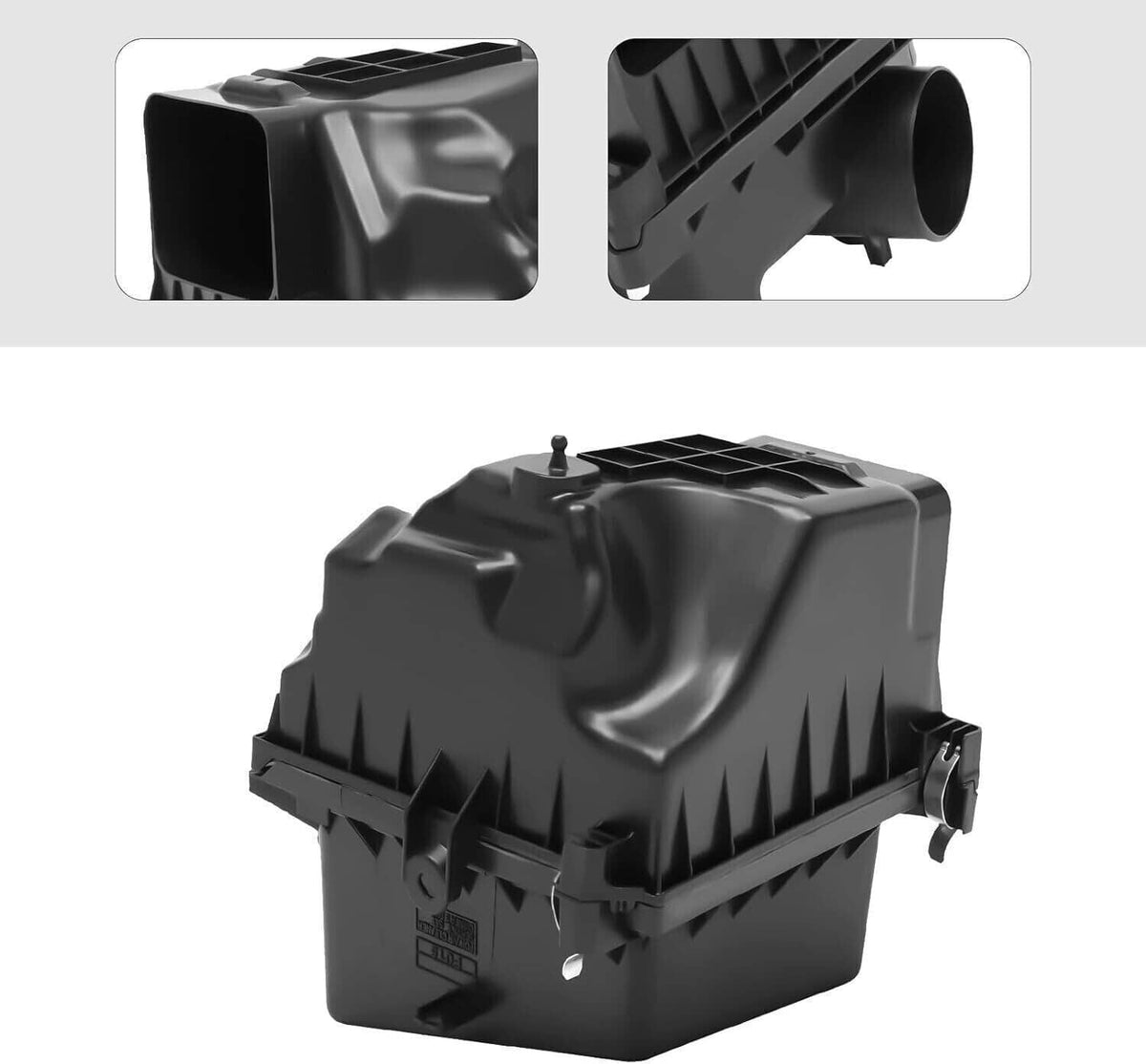 Air cleaner intake housing box, black plastic, close side view with outlet port