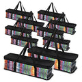 Black CD storage bags, clear PVC front windows, rainbow-striped sides, carry handles