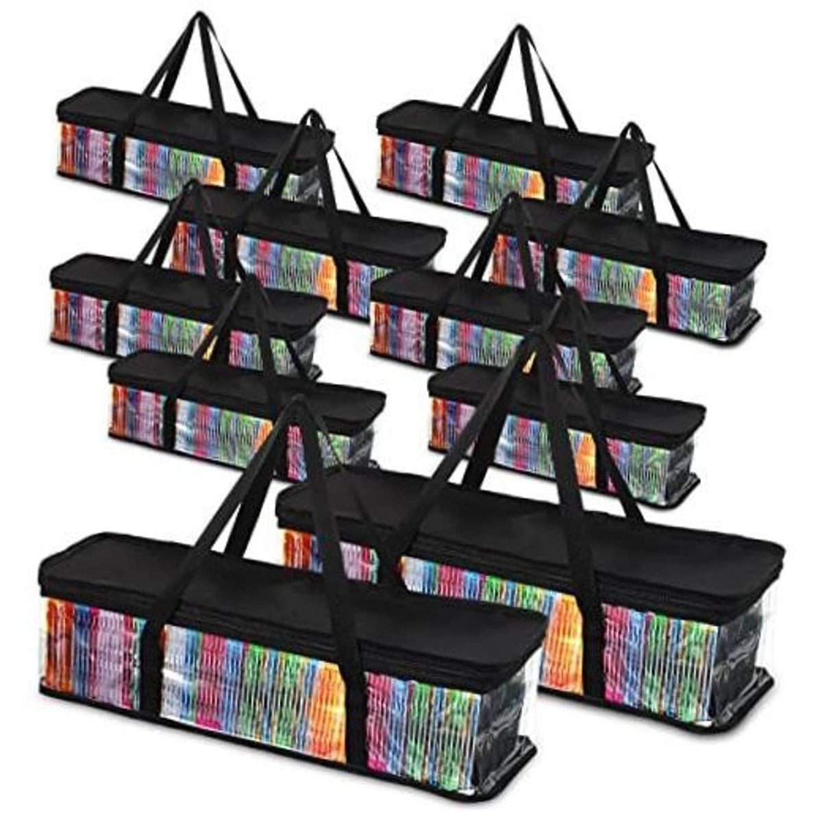 Black CD storage bags, clear PVC front windows, rainbow-striped sides, carry handles