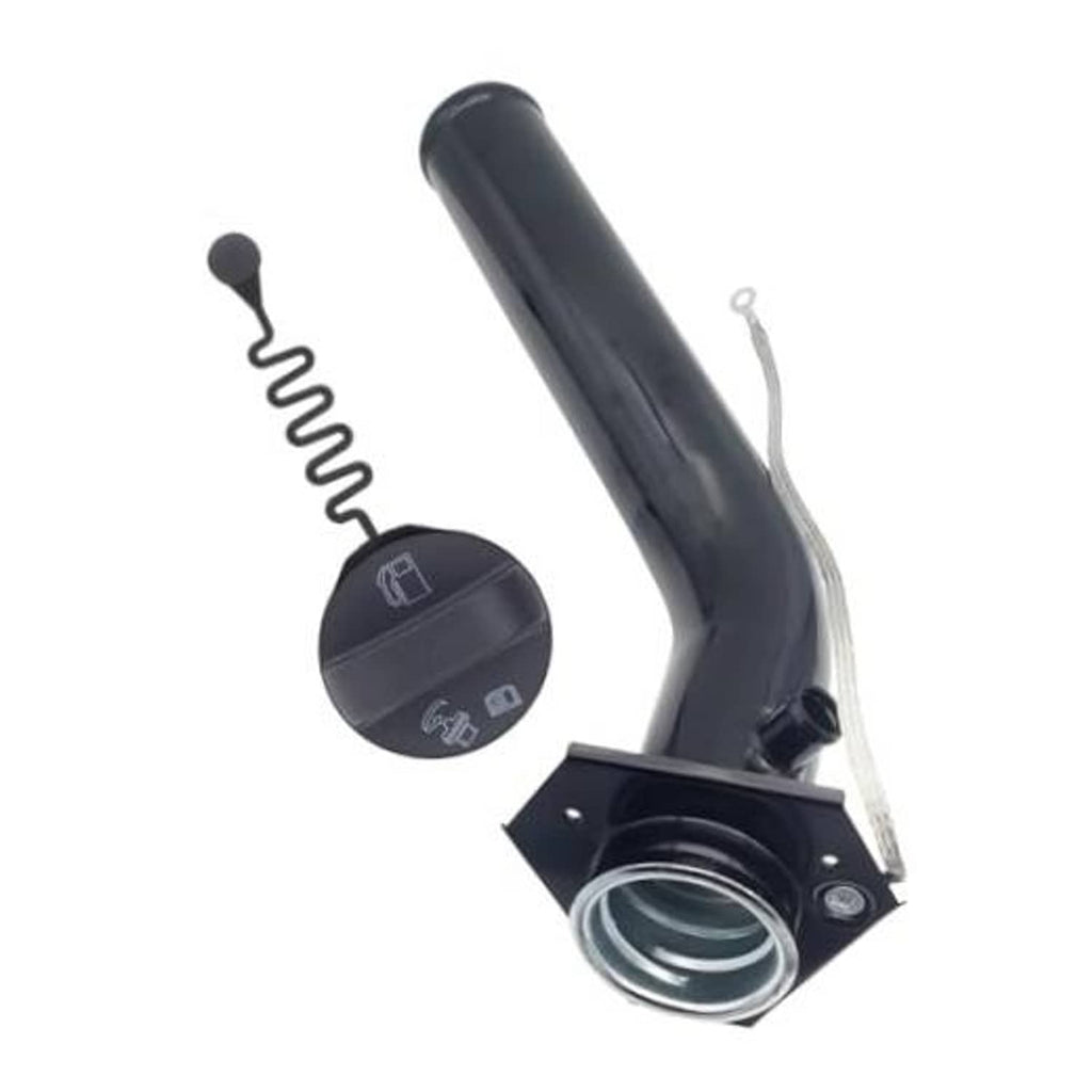 Black fuel tank filler neck hose with cap and metal mounting plate