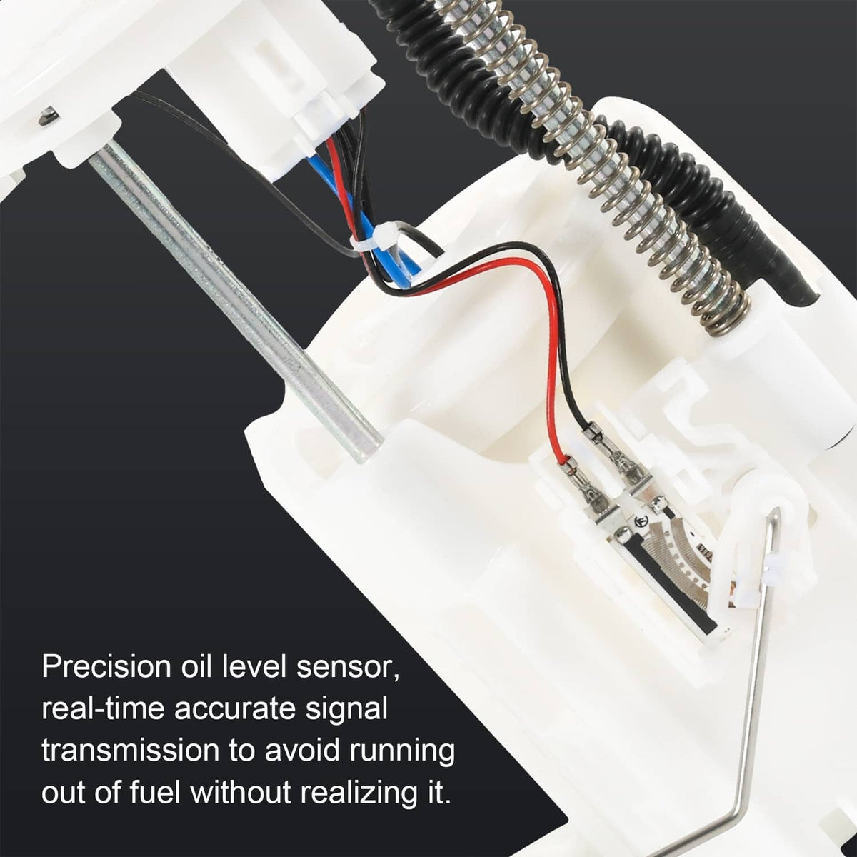 Fuel pump module with oil level sensor, metal strut, and bundled wiring