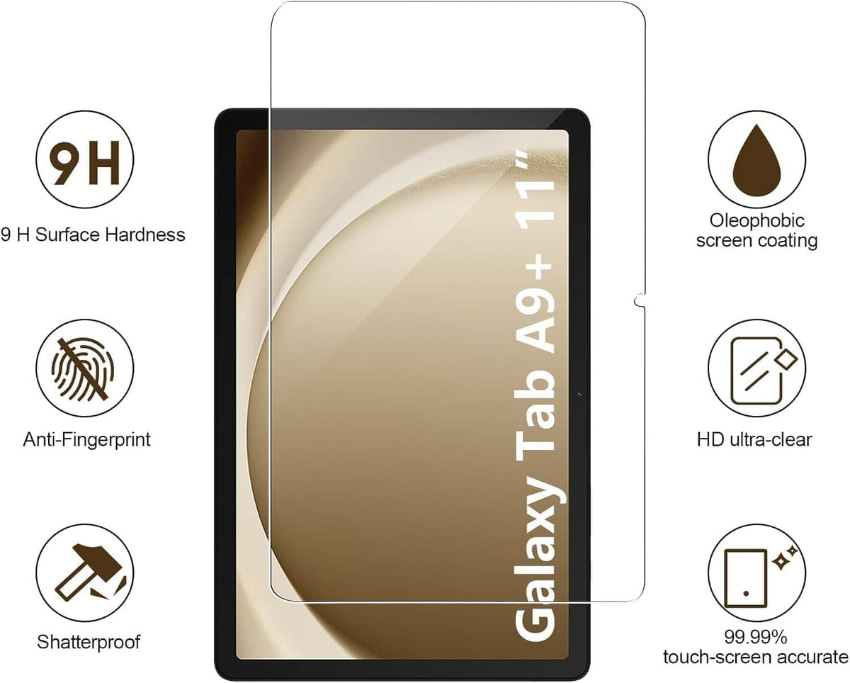 Tempered glass screen protector for Galaxy Tab A9+ with 9H hardness and anti-fingerprint