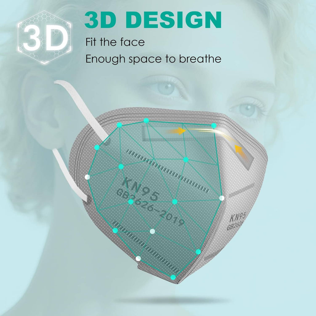 Grey KN95 respirator face mask with 3D contour fit for face coverage, front view.