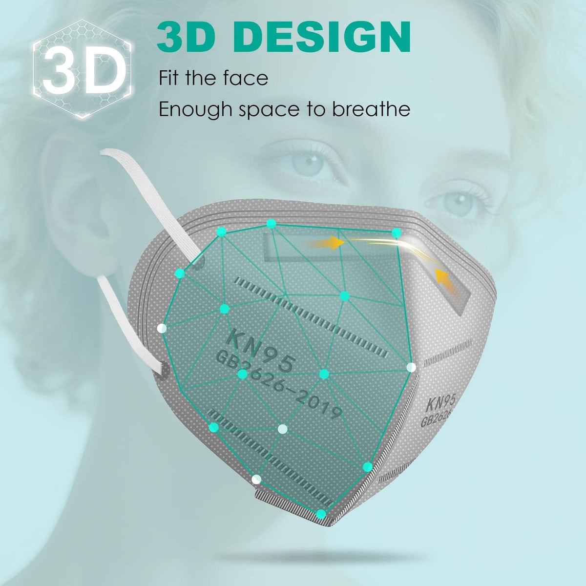 Grey KN95 respirator face mask with 3D contour fit for face coverage, front view.