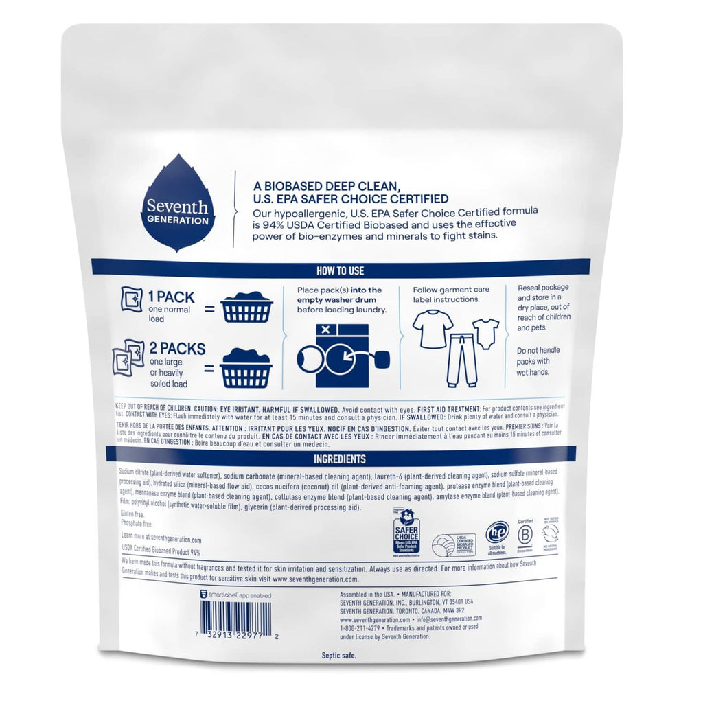 Seventh Generation laundry detergent powder pack pouch back panel with directions