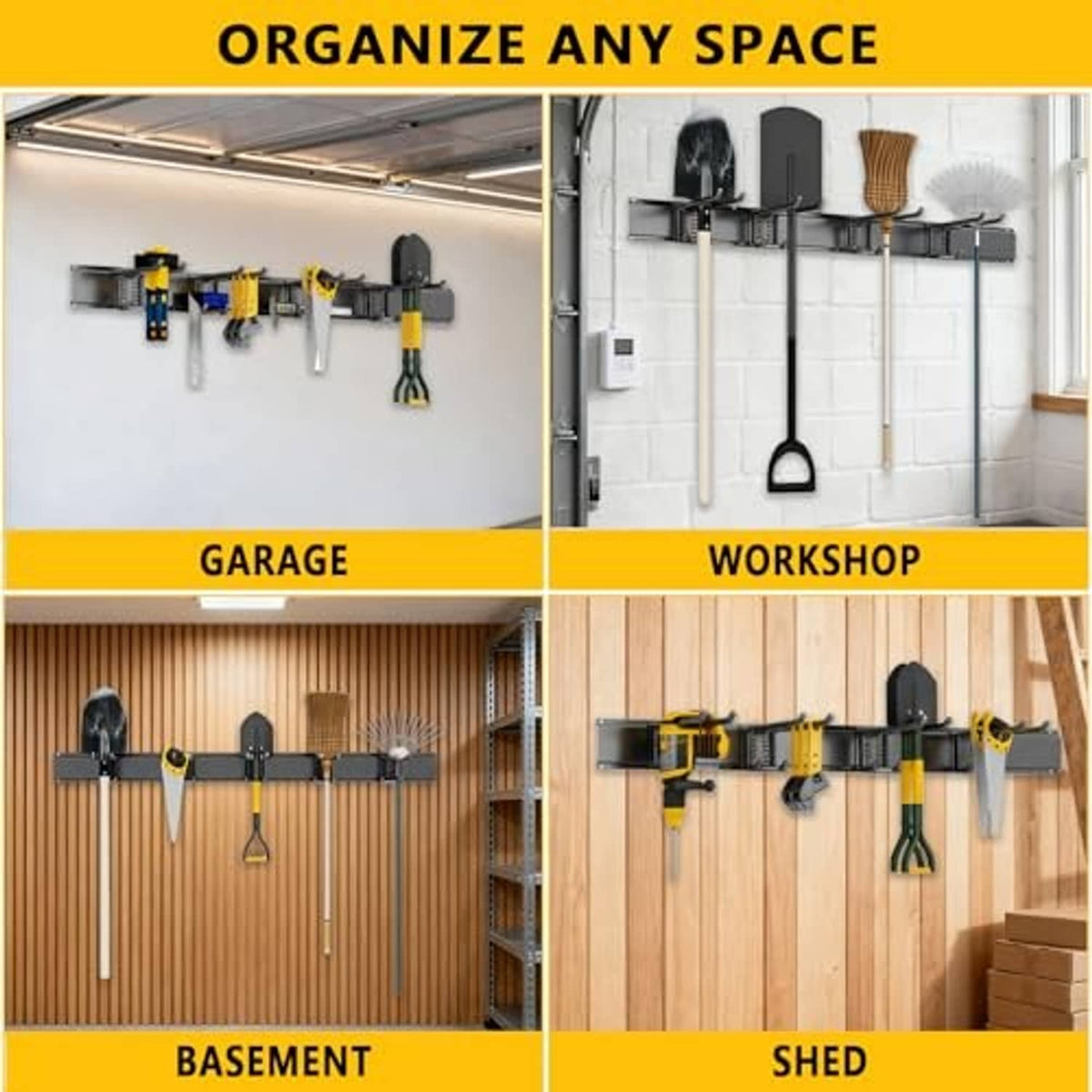 Wall-mounted tool organizer system with long black rails and assorted hanging hooks