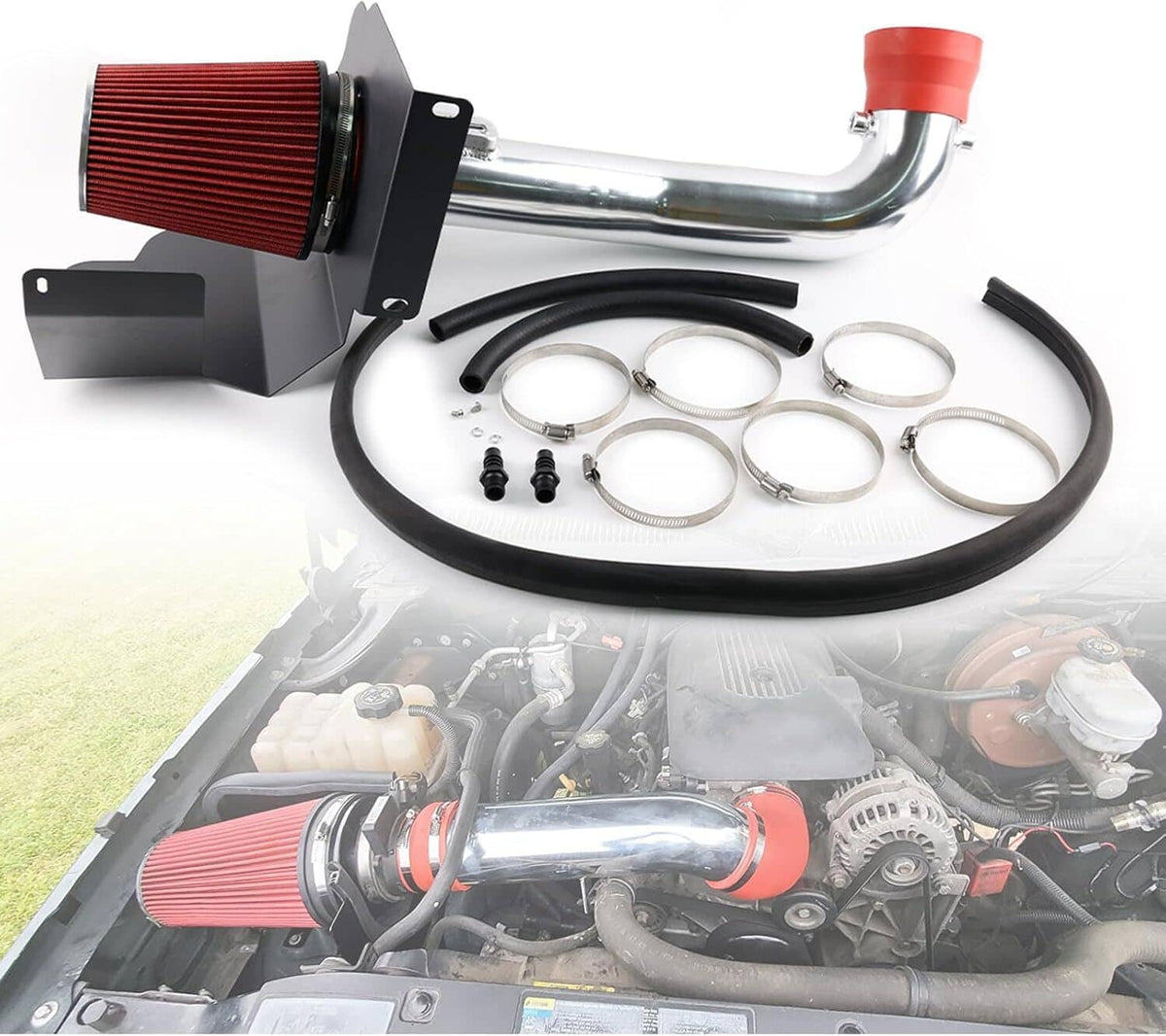 Cold air intake system kit with red cone filter, heat shield, and black hoses