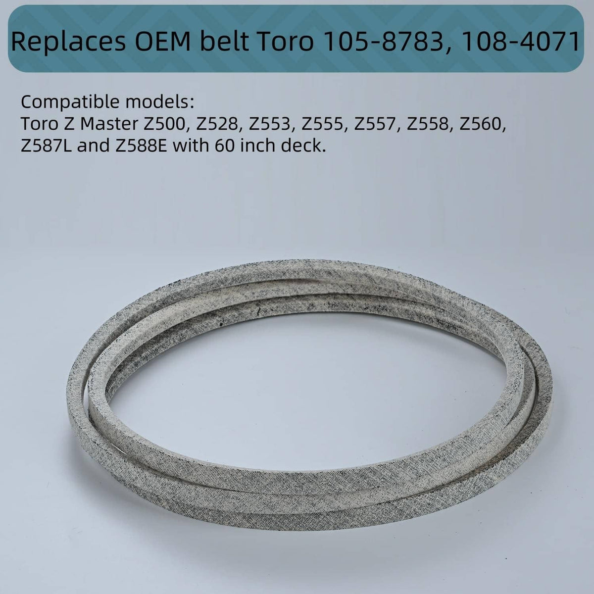 Speckled gray replacement mower deck belt, flat loop shape for Toro models