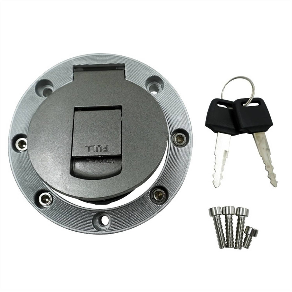 Fuel tank cap lock cover with key and keyring, includes mounting bolts