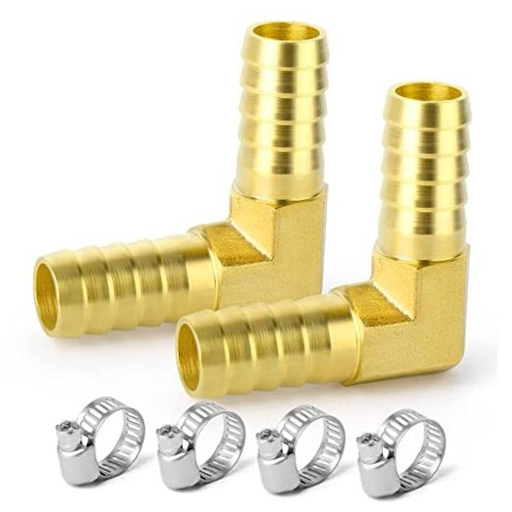 Brass 90-degree hose barb reducer fitting with barbed ends and threaded connection ports