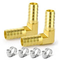 Brass 90-degree hose barb reducer fitting with barbed ends and threaded connection ports