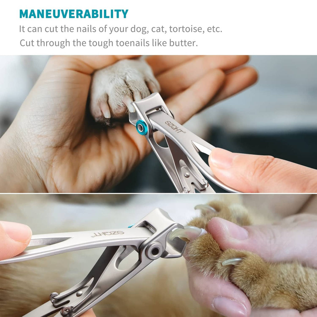 Silver wide-jaw nail clippers with turquoise pivot, trimming a pet paw nail