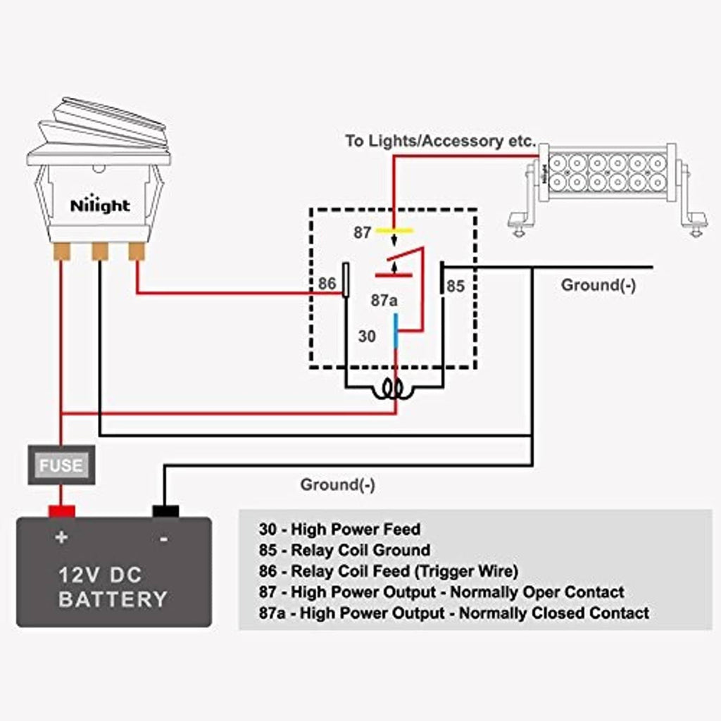 5-pin relay wiring diagram for 12V DC battery, fuse, and ground connections