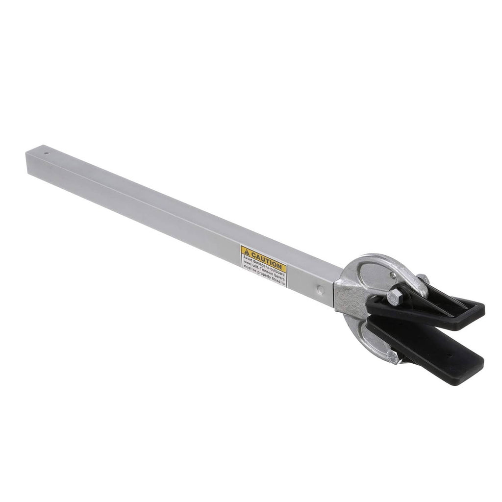 Adjustable transom saver with pivot clamp and black locking pads on silver bar