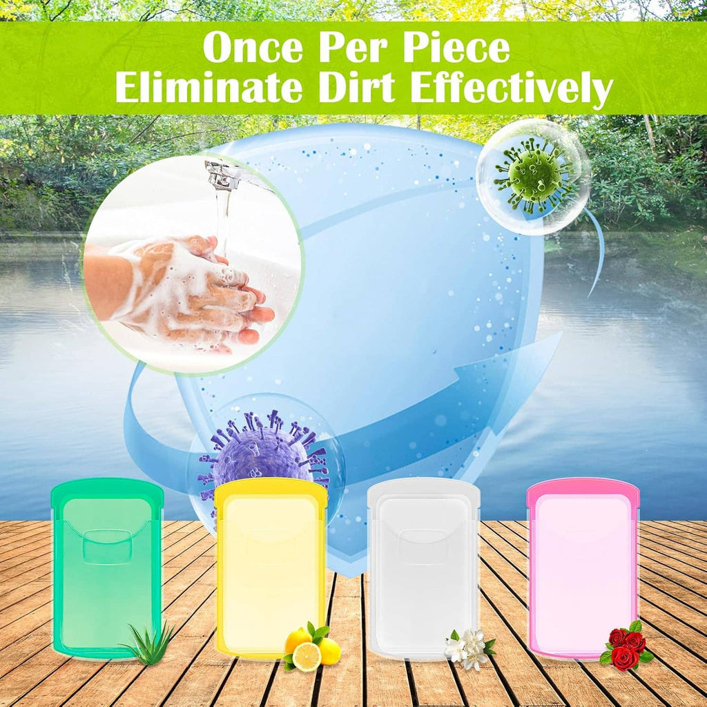 Hand washing soap sheet boxes in teal, yellow, white, and pink on display
