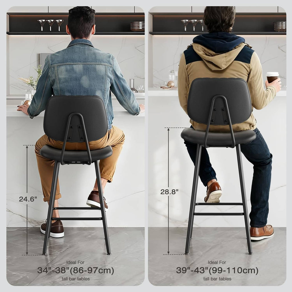 Black counter-height bar stool with padded back and seat, shown in two height views.