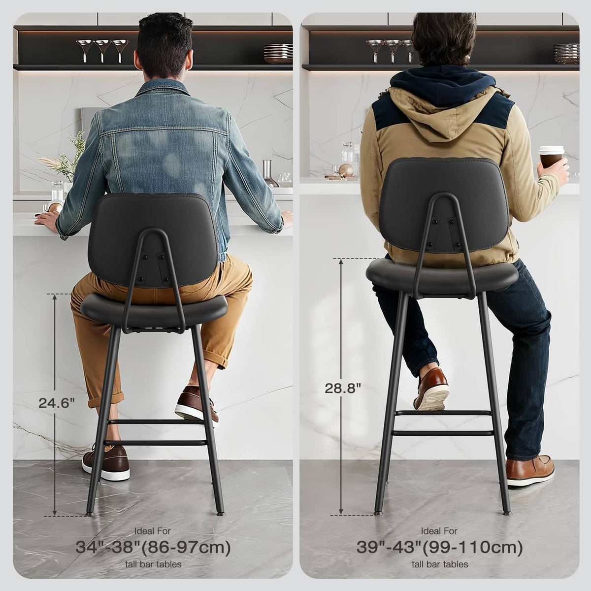 Black counter-height bar stool with padded back and seat, shown in two height views.