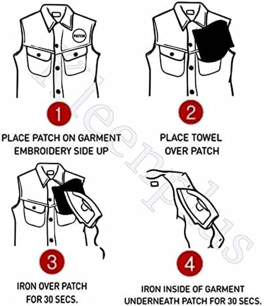 Cherry patch care guide showing placement on clothing and ironing steps