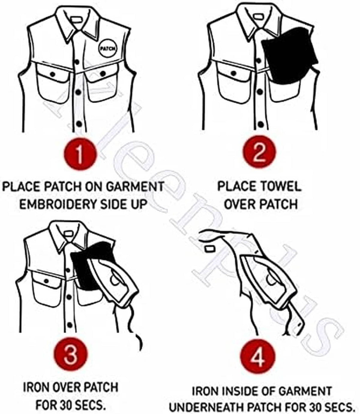 Cherry patch care guide showing placement on clothing and ironing steps