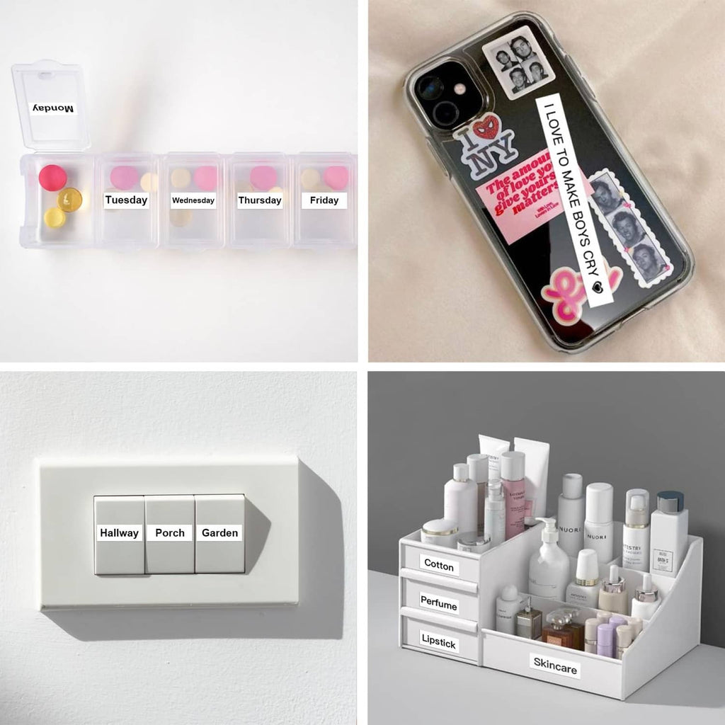 Printed labels on organizer compartments and cosmetic bottles set