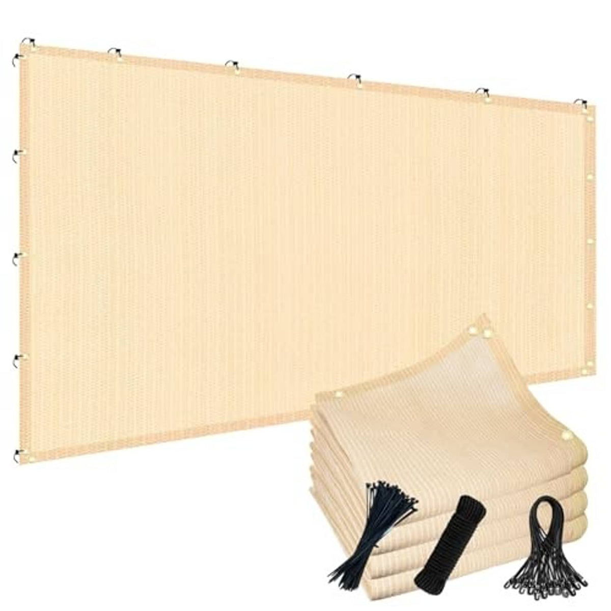 Beige rectangular sun shade cloth panel with metal grommets and folded roll corner