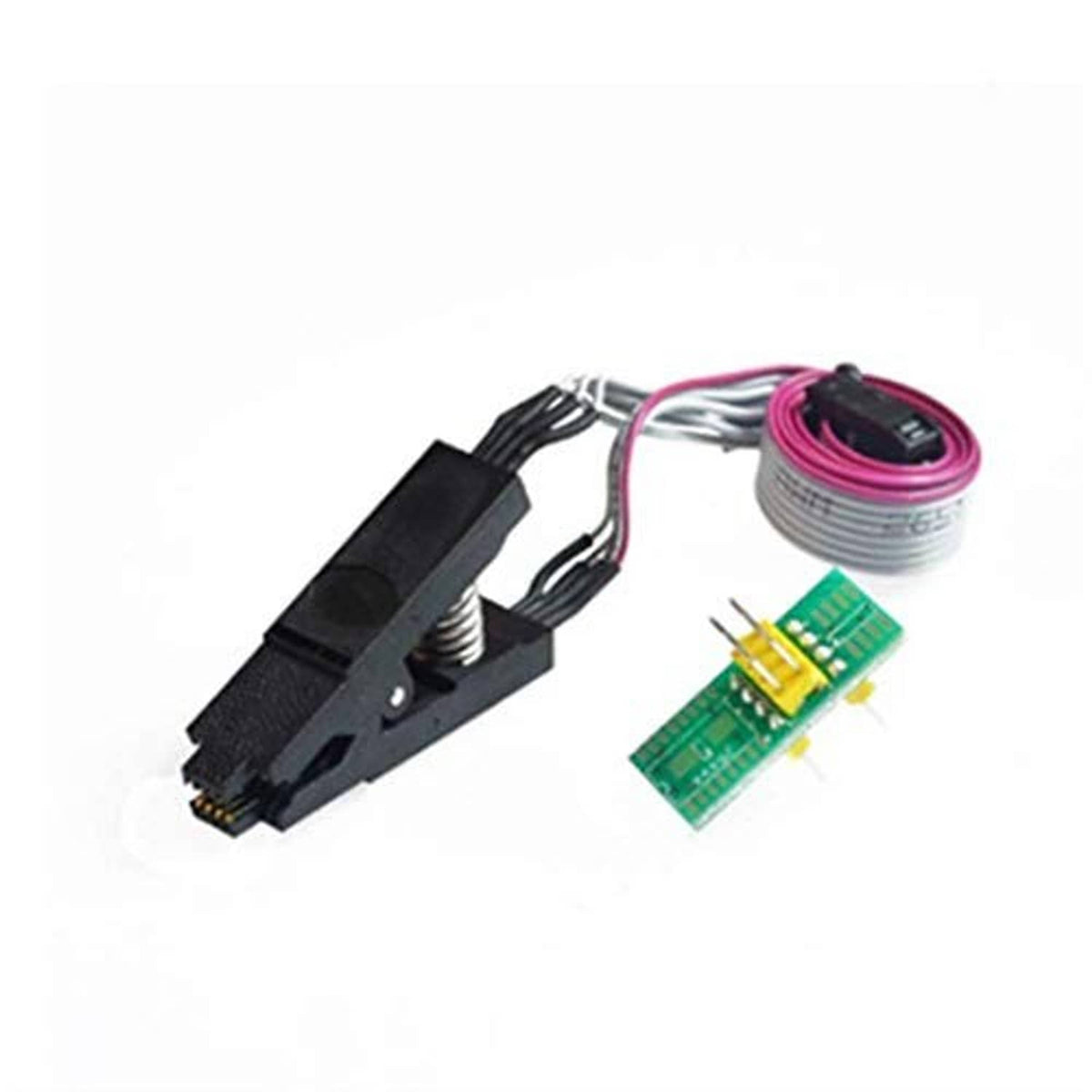 IC test clip adapter with ribbon wires and small green daughter circuit board