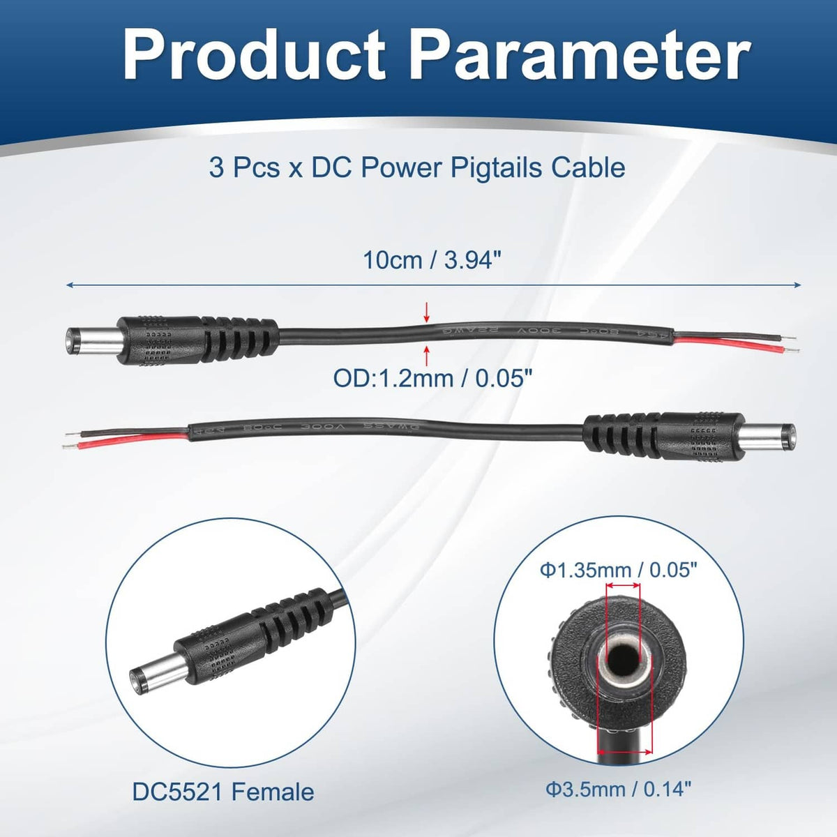 DC power pigtail cable set with DC5521 female jacks, 10cm red/black leads