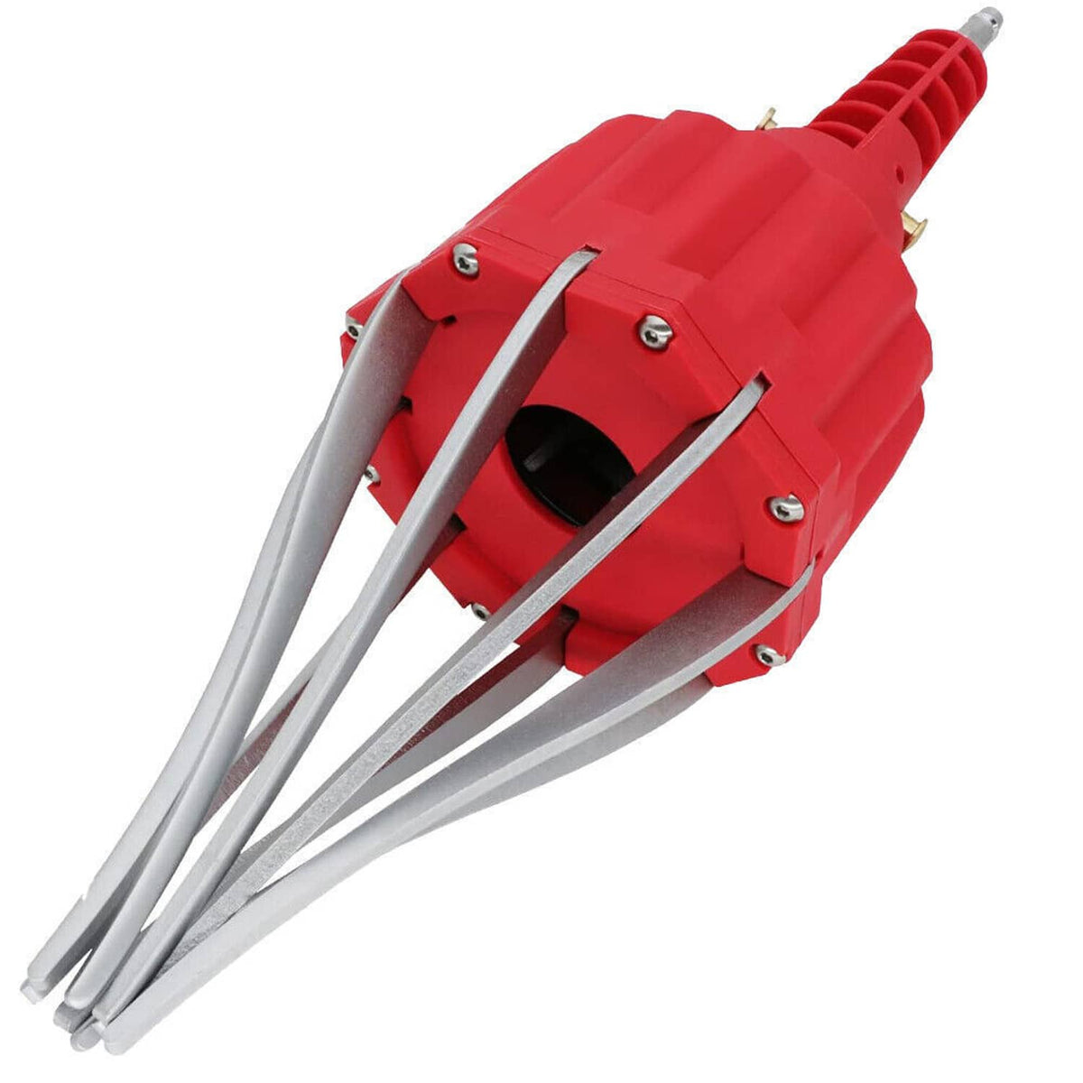 Red pneumatic CV joint boot spreader expander tool with angled metal claw legs