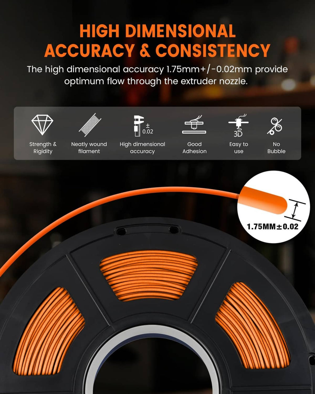 Orange PETG filament wound on black spool with 1.75mm dimension marker