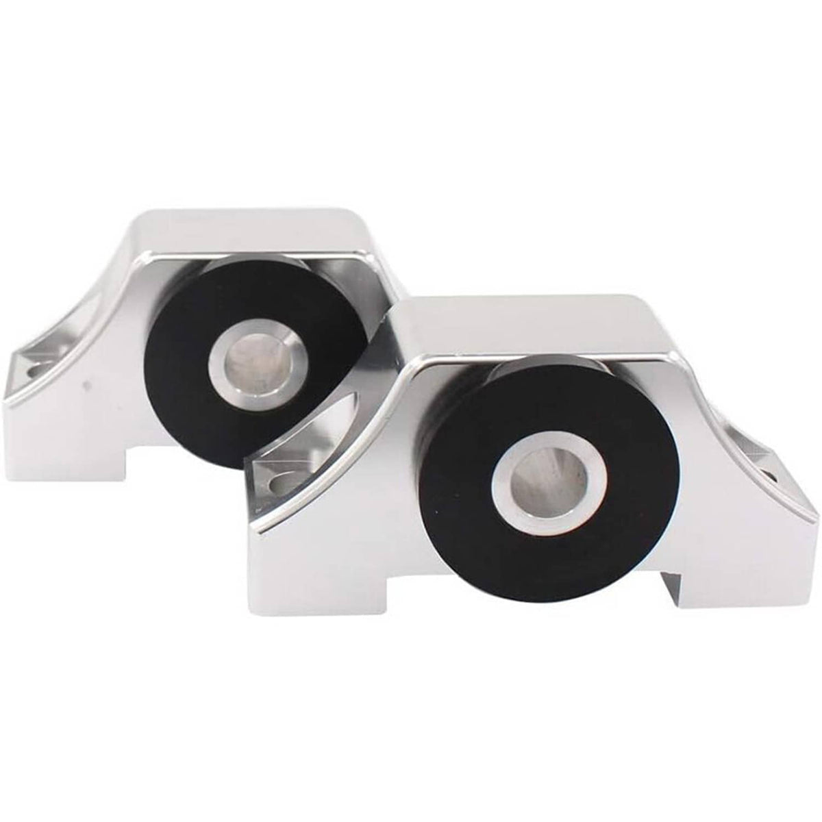 Two-piece silver engine mount with black rubber bushings, side-by-side